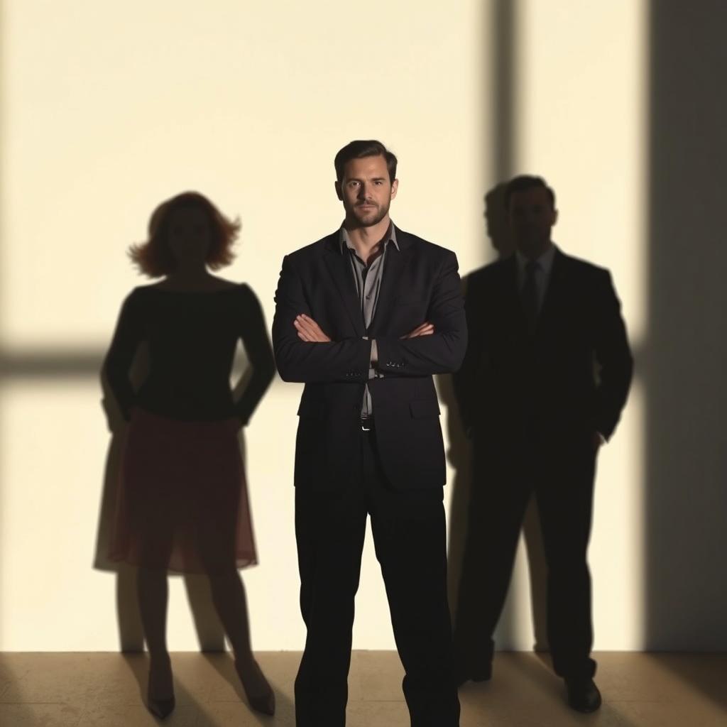 An artistic depiction of shadows showcasing a man standing in the foreground, with a strong silhouette that conveys presence and confidence