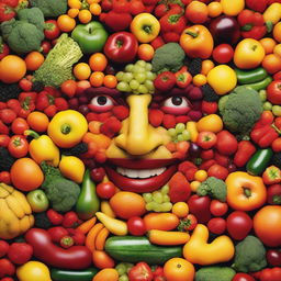 An image of a smiling human face, meticulously composed entirely of pieces of fruits and vegetables