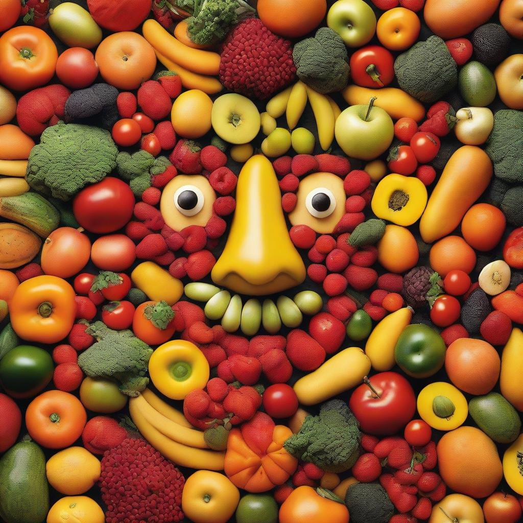 An image of a smiling human face, meticulously composed entirely of pieces of fruits and vegetables