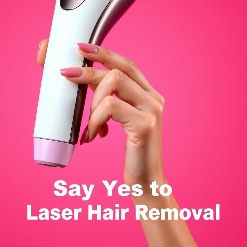 A hand holding onto the handle of a laser hair removal device, set against a vibrant pink background