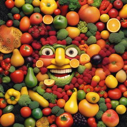 An image of a smiling human face, meticulously composed entirely of pieces of fruits and vegetables