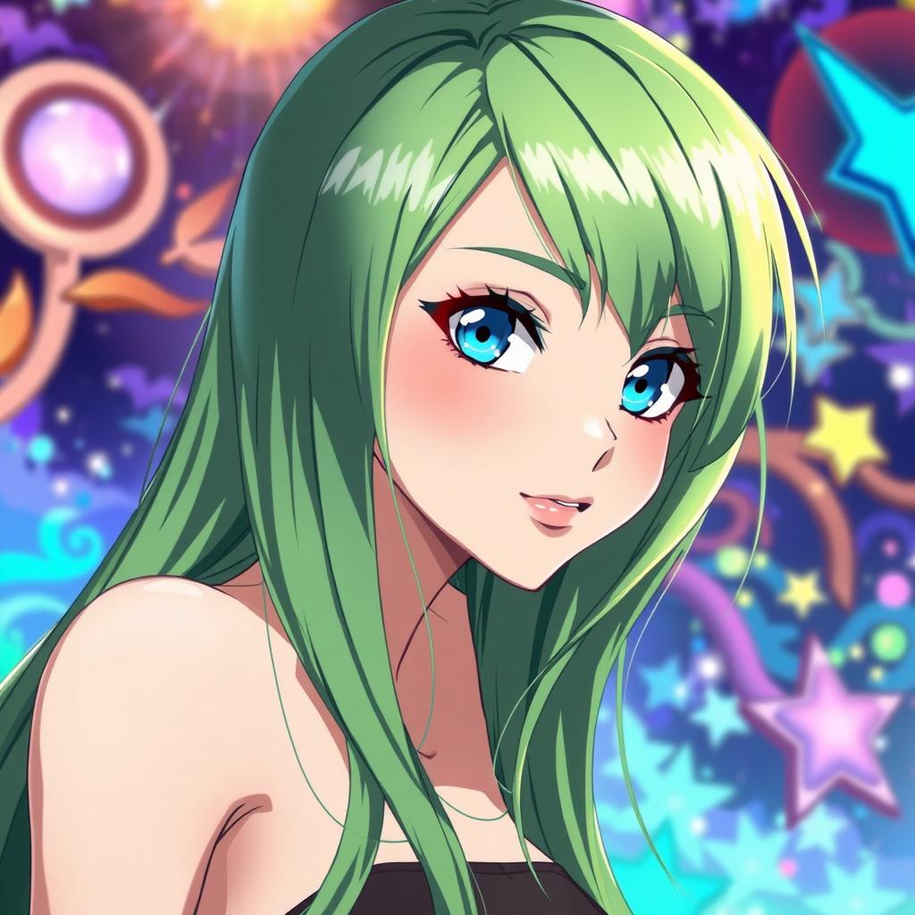 Anime-style illustration of a woman with long, straight green hair and bright blue eyes, featuring pronounced curves