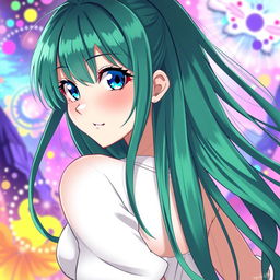 Anime-style illustration of a woman with long, straight green hair and bright blue eyes, featuring pronounced curves
