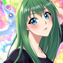 Anime-style illustration of a woman with long, straight green hair and bright blue eyes, featuring pronounced curves
