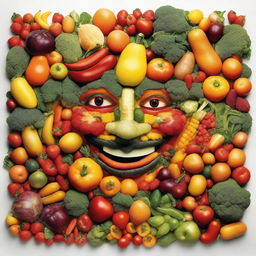 An image of a smiling human face, meticulously composed entirely of pieces of fruits and vegetables