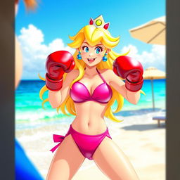 Princess Peach, a strong and confident character, wearing a stylish pink bikini, engaged in a fun beach boxing match