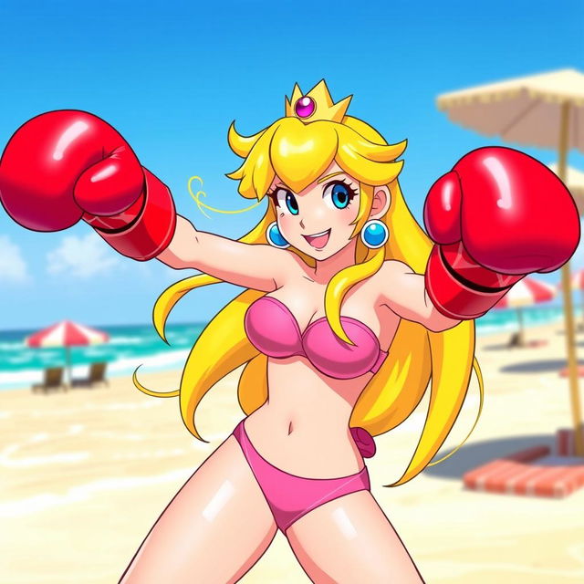 Princess Peach, a strong and confident character, wearing a stylish pink bikini, engaged in a fun beach boxing match