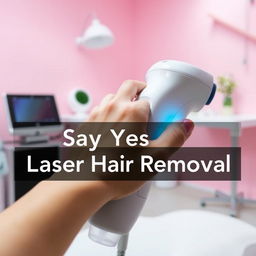 A hand gently gripping a laser hair removal device in a modern clinic setting, positioned against a soft pink background