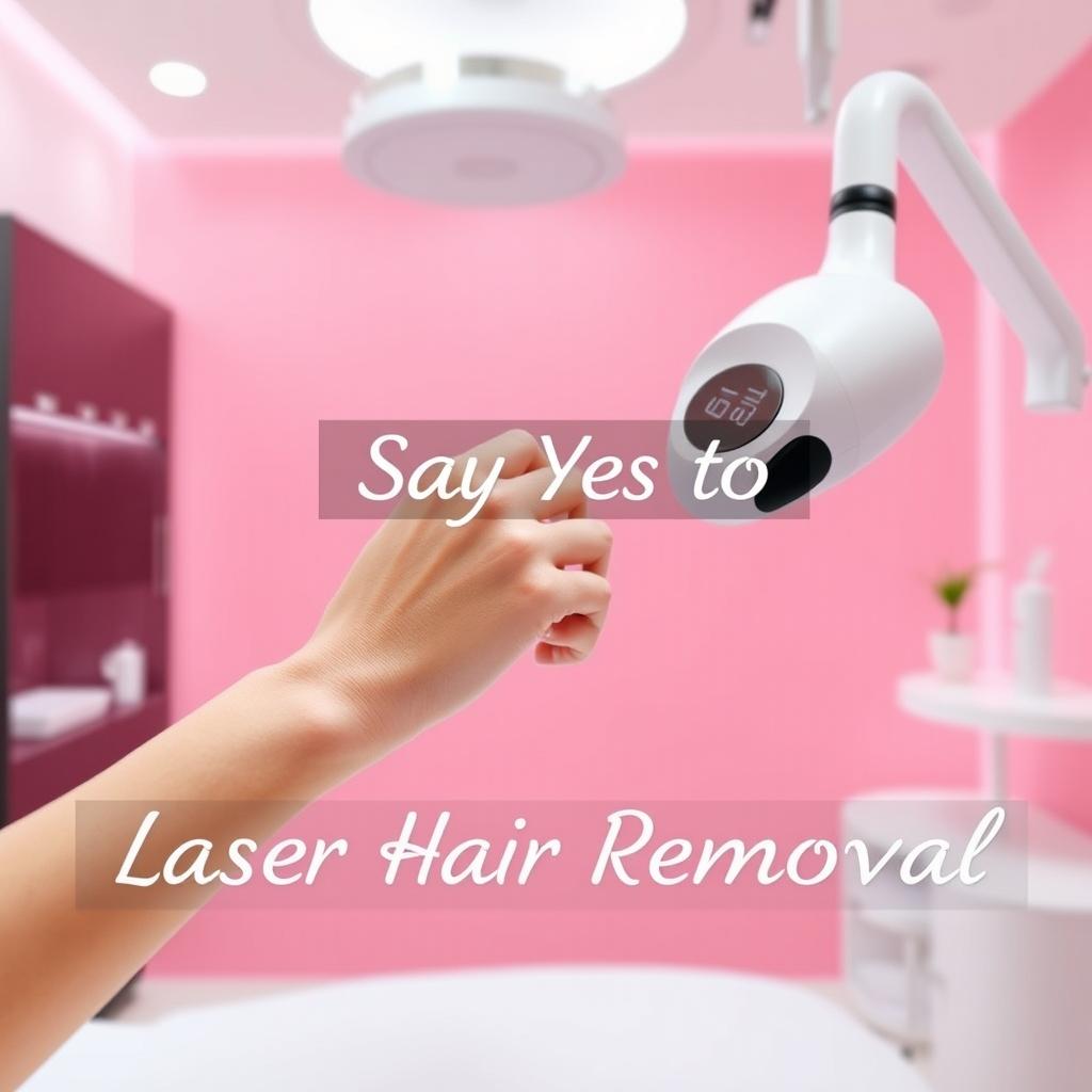 A hand gently gripping a laser hair removal device in a modern clinic setting, positioned against a soft pink background