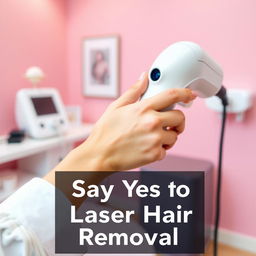 A hand gently gripping a laser hair removal device in a modern clinic setting, positioned against a soft pink background