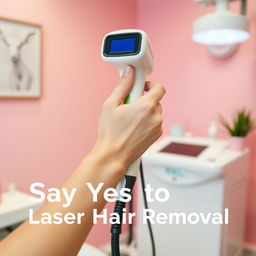 A hand gently gripping a laser hair removal device in a modern clinic setting, positioned against a soft pink background