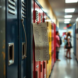 A detailed and engaging scene showcasing school lockers in a hallway, featuring a prominently displayed list attached to one of the lockers