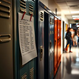 A detailed and engaging scene showcasing school lockers in a hallway, featuring a prominently displayed list attached to one of the lockers