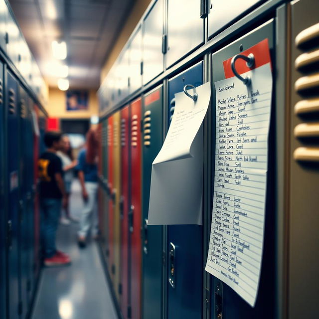 A detailed and engaging scene showcasing school lockers in a hallway, featuring a prominently displayed list attached to one of the lockers