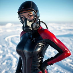 A hot woman stands alluringly in a snowy landscape, dressed in a fitted black and red shiny arctic immersion suit that showcases her figure