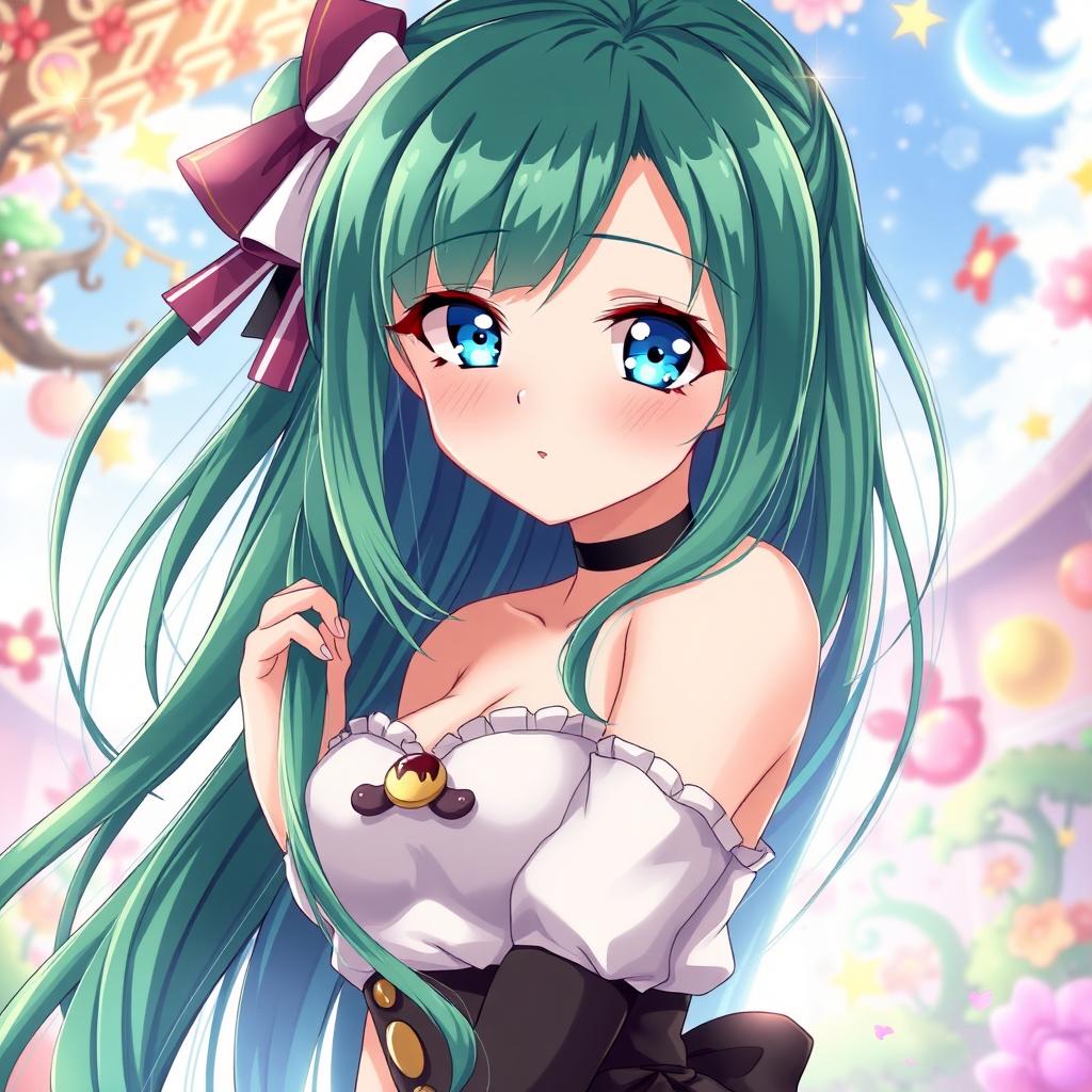 A stunning anime girl with long, straight green hair that flows elegantly, and captivating blue eyes that shine brightly