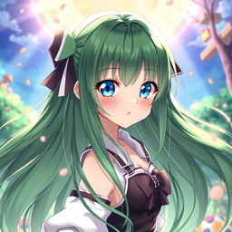 A stunning anime girl with long, straight green hair that flows elegantly, and captivating blue eyes that shine brightly