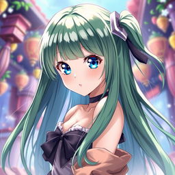 A stunning anime girl with long, straight green hair that flows elegantly, and captivating blue eyes that shine brightly