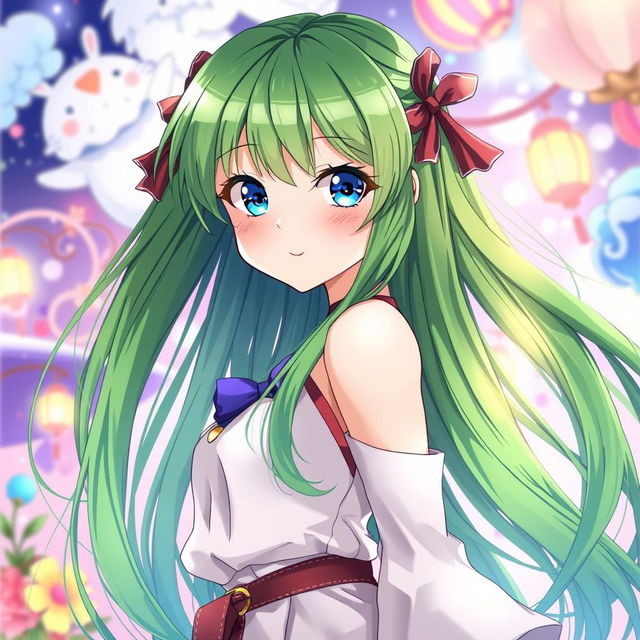 A stunning anime girl with long, straight green hair that flows elegantly, and captivating blue eyes that shine brightly