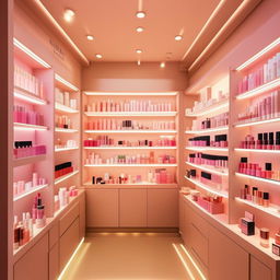 A small, 3 meter by 3 meter cosmetics shop, filled with various beauty products neatly displayed on shelves, under flattering warm lighting.