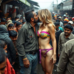 A busty blonde woman in a colorful strapless bikini showcasing her big breasts and ample cleavage