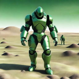 A high-quality digital art image depicting the Mobius Suit, a thick, green-coloured armour with a hydraulic exoskeleton