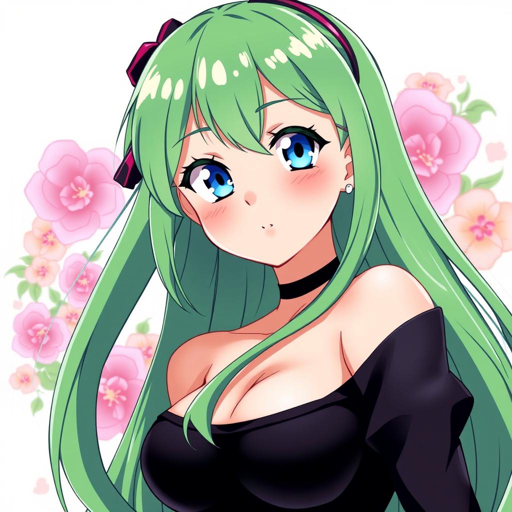 A captivating anime girl with long, sleek green hair and bright blue eyes