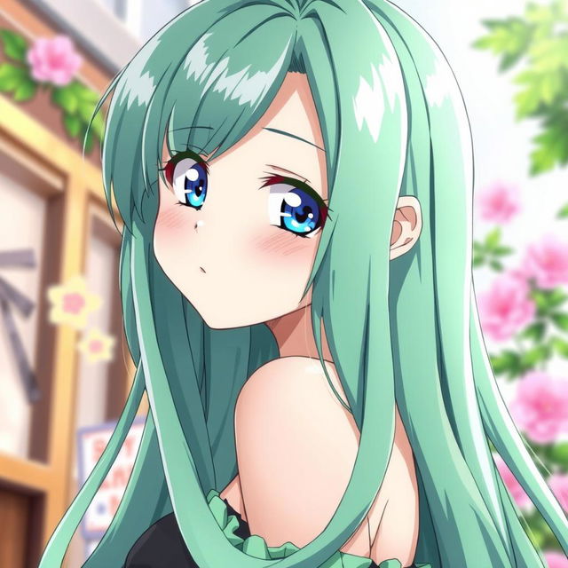 A captivating anime girl with long, sleek green hair and bright blue eyes