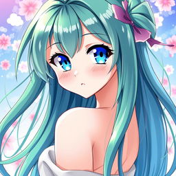 A captivating anime girl with long, sleek green hair and bright blue eyes