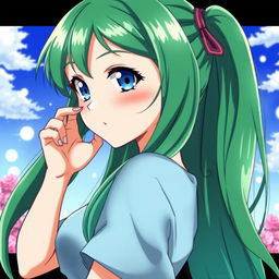 A captivating anime girl with long, sleek green hair and bright blue eyes