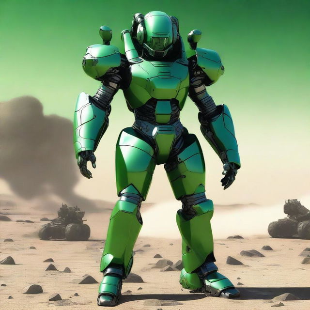 A high-quality digital art image depicting the Mobius Suit, a thick, green-coloured armour with a hydraulic exoskeleton