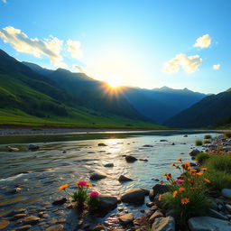 A serene landscape with a lush green valley surrounded by majestic mountains under a bright blue sky