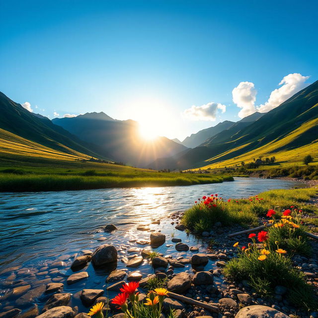 A serene landscape with a lush green valley surrounded by majestic mountains under a bright blue sky