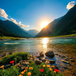 A serene landscape with a lush green valley surrounded by majestic mountains under a bright blue sky