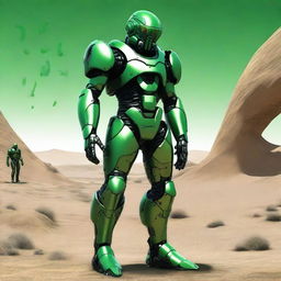 A high-quality digital art image depicting the Mobius Suit, a thick, green-coloured armour with a hydraulic exoskeleton