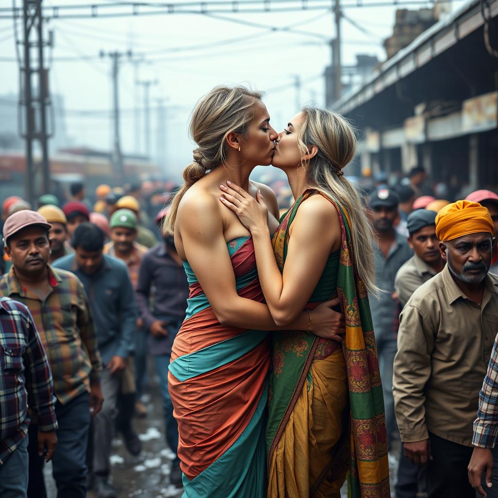 A fitness-focused busty blonde woman wearing a colorful tight strapless saree that accentuates her big breasts and ample cleavage