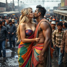 A fitness-focused busty blonde woman wearing a colorful tight strapless saree that accentuates her big breasts and ample cleavage