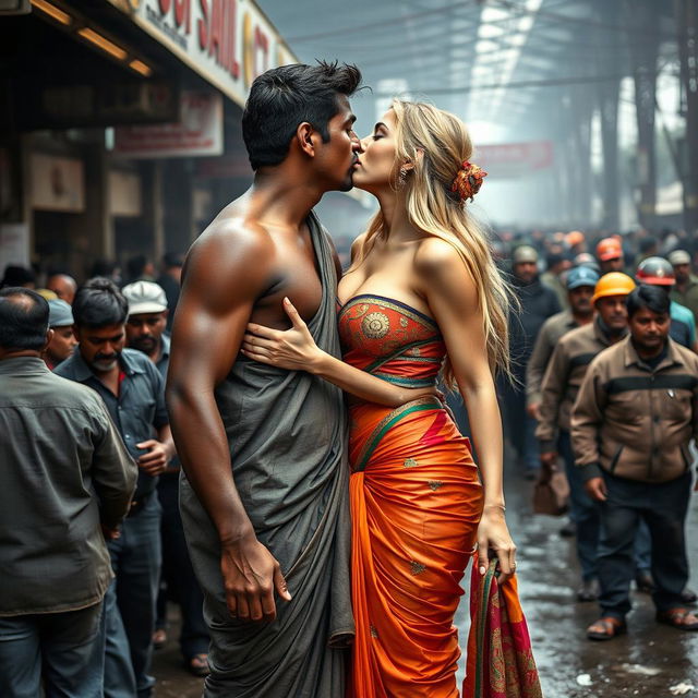 A fitness-focused busty blonde woman wearing a colorful tight strapless saree that accentuates her big breasts and ample cleavage