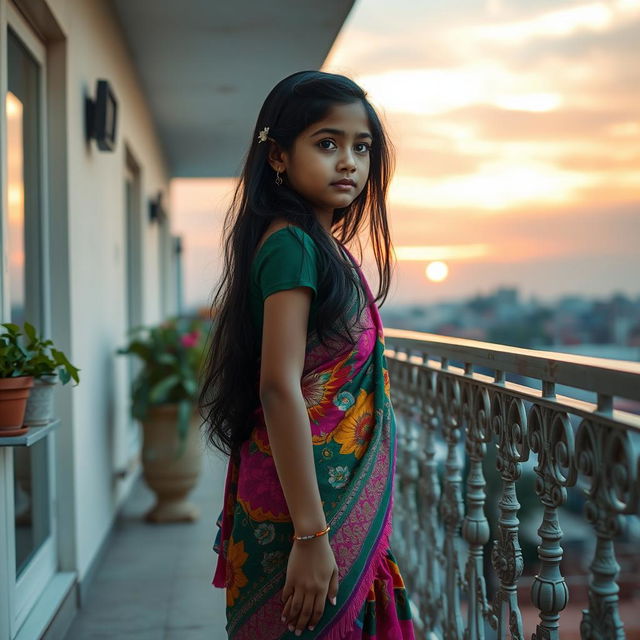 A beautiful Bengali girl standing alone on a balcony wearing a vibrant, intricately designed sari