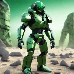 A high-quality digital art image depicting the Mobius Suit, a thick, green-coloured armour with a hydraulic exoskeleton