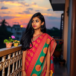 A beautiful Bengali girl standing alone on a balcony wearing a vibrant, intricately designed sari