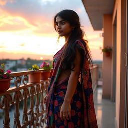 A beautiful Bengali girl standing alone on a balcony wearing a vibrant, intricately designed sari