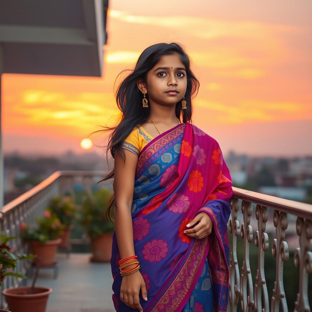 A beautiful Bengali girl standing alone on a balcony wearing a vibrant, intricately designed sari