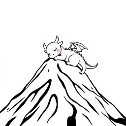 A whimsical and playful illustration of a cute dragon peacefully sleeping at the top of a mountain