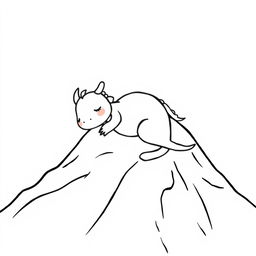 A whimsical and playful illustration of a cute dragon peacefully sleeping at the top of a mountain