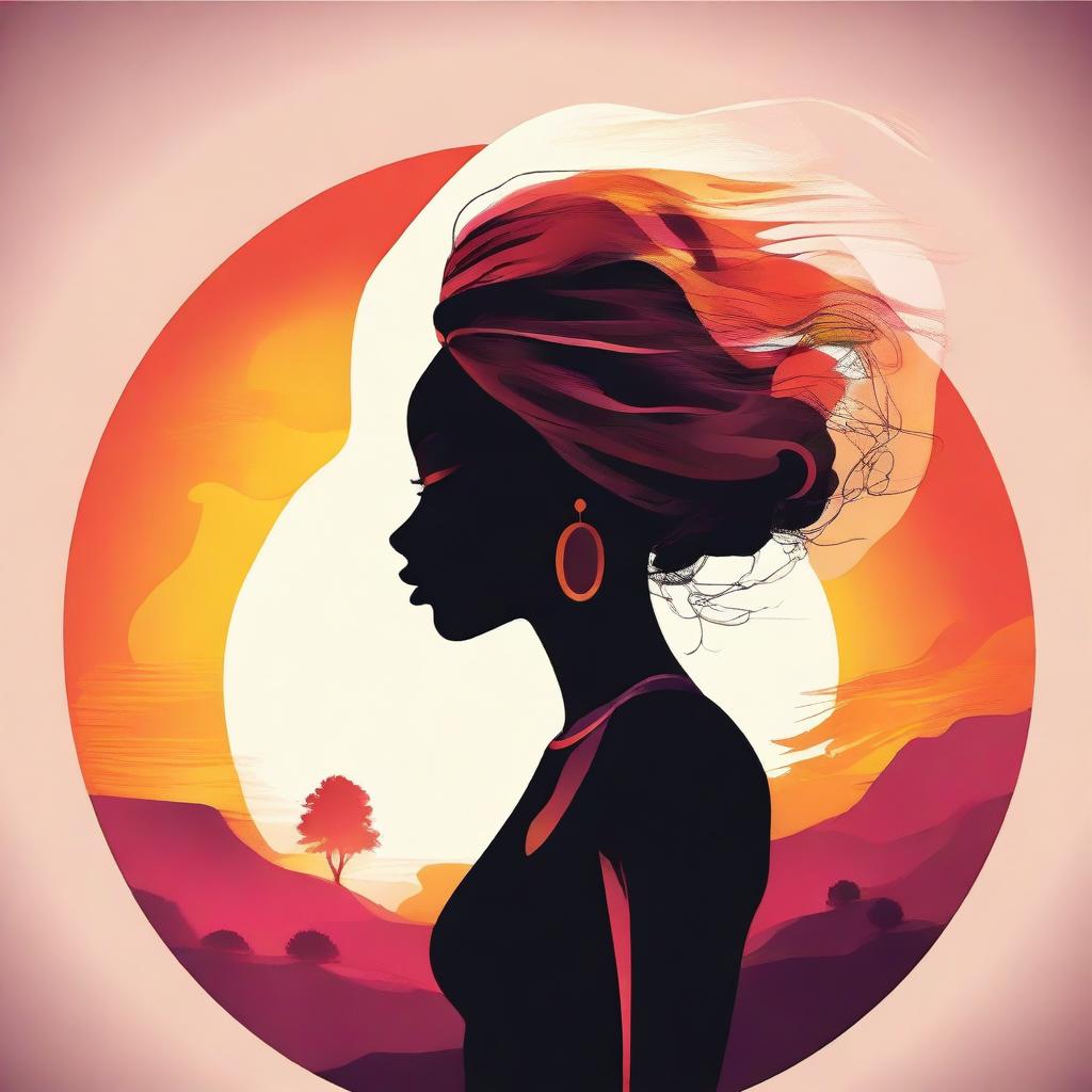 A high-quality vector illustration depicts a faceless silhouette of an African American woman set against a vibrant sunset