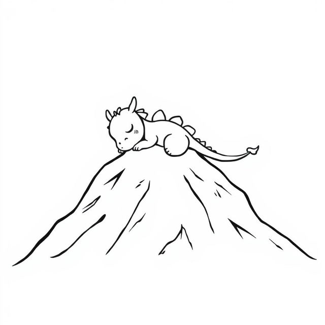 A whimsical and playful illustration of a cute dragon peacefully sleeping at the top of a mountain