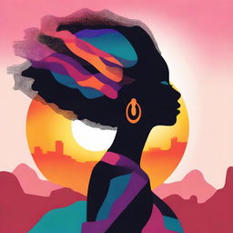 A high-quality vector illustration depicts a faceless silhouette of an African American woman set against a vibrant sunset