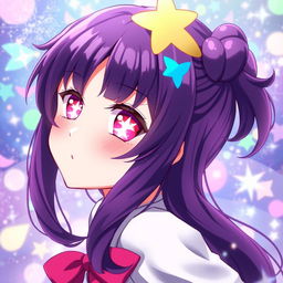 A vibrant anime character inspired by Oshi no Ko, featuring deep dark purple hair styled gracefully
