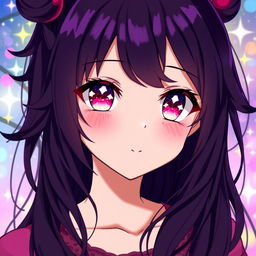 A vibrant anime character inspired by Oshi no Ko, featuring deep dark purple hair styled gracefully